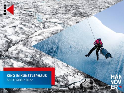 Unser September-Titel besteht aus zwei Bildern des Films "Into the ice". Im Hintergrund eine Eis-Landschaft. Im Dreieck eine Person, die sich in einen Gletscher abseilt.